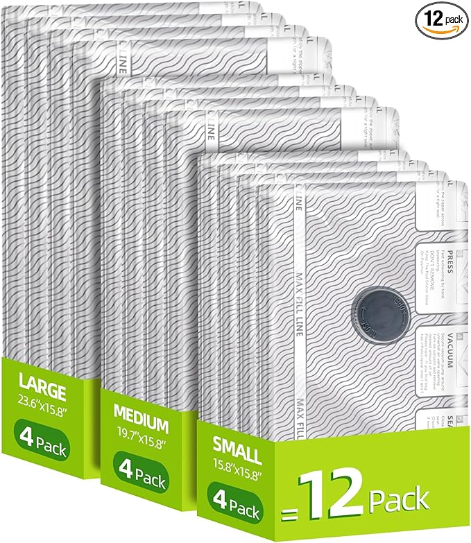 12 Pack Travel Vacuum Bags for Clothing,Compression Seal Packing Cubes for Suitcase Backpack,Vacuum Seal Bags for Clothing,Carry-on Size Space Saver Storage Bags 80% for Travel & Home（No pump）