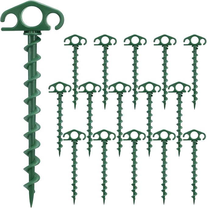 Tent Stakes Ground Anchors Screw in, 16 Pack Sand Stakes for Beach 9.4 Inch Heavy Duty Spiral Tent Pegs for Camping, Party, Hiking, Outdoor Decoration (16, Green)