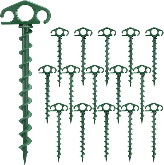 Tent Stakes Ground Anchors Screw in, 16 Pack Sand Stakes for Beach 9.4 Inch Heavy Duty Spiral Tent Pegs for Camping, Party, Hiking, Outdoor Decoration (16, Green)