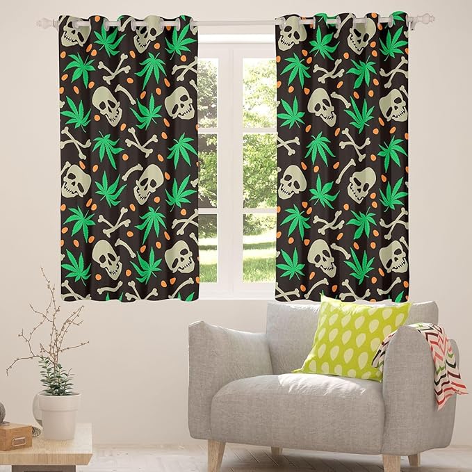 Manfei Gothic Skull Blackout Curtains Green Marijuana Leaf Window Drapes,Cute Skeleton Bones Weed Window Treatments,Kids Boys Girls Room Decor,Grommet Top 2 Panel Set Bedroom Curtains, 42Wx63L inch
