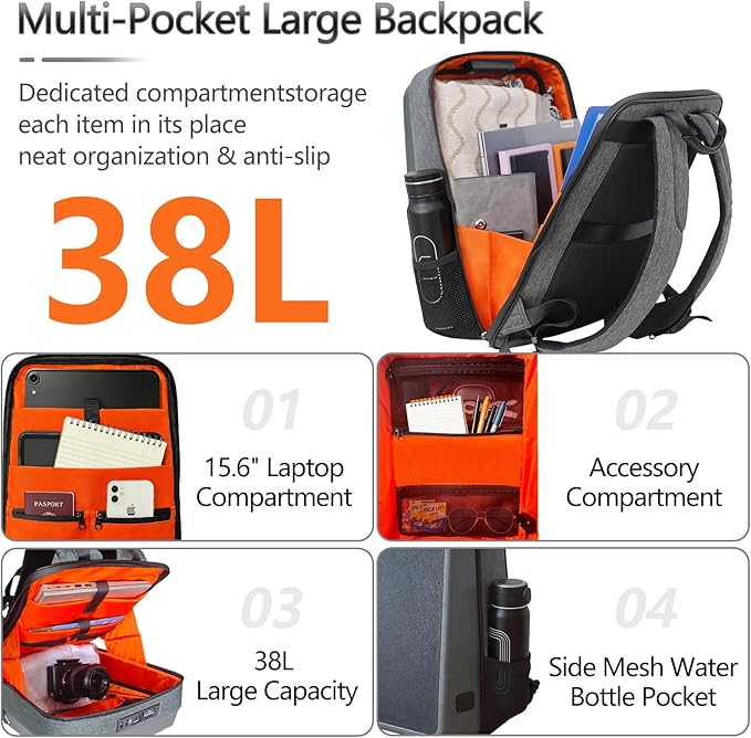 15.6 Inch Laptop Travel Backpack Solar Panel with Multiple USB Fast Charging, Lightweight Tech Backpack, TSA Friendly Airline Carry‑On Compliant, Waterproof Anti-Theft Bag for Work Travel