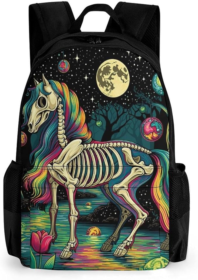 Supdreamc Adults Lightweight Rainbow Mane Horse Skeletal Structure Trippy Art Shoulder Book Bags Big Capacity Shoulder Bag With Adjustable Shoulder Straps for Trekking Work Walking Cycling