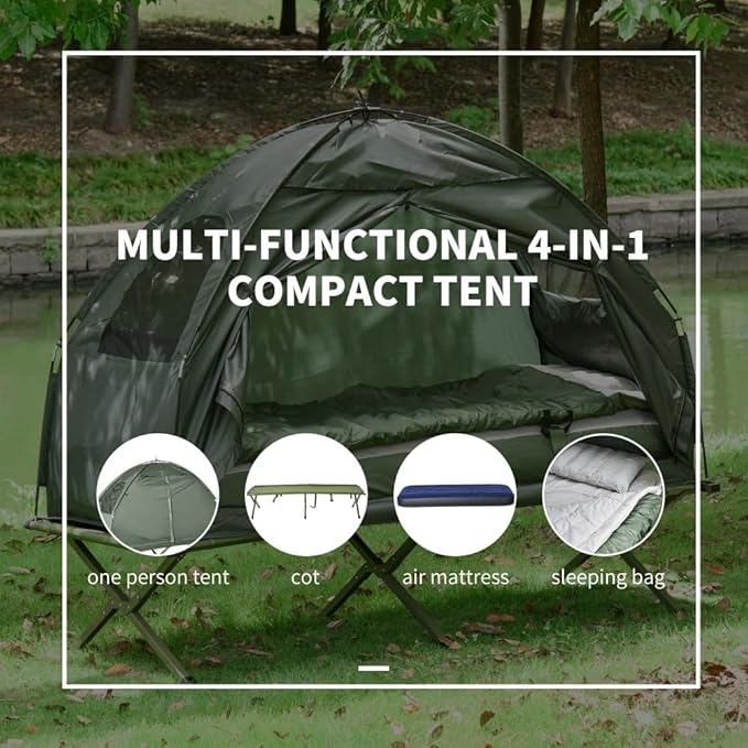 Portable Camping Cot for Adults,Folding Cot for Sleeping with Mattress, Elevated Tent and Sleeping Bag, Multifunctional Outdoor Tent Cot Bed 1 Person