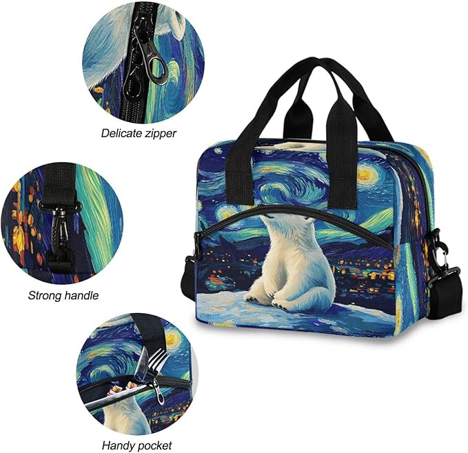 ALAZA Polar Bear Starry Sky Lunch Box for Men Women Adults Insulated Lunch Bag Cooler Bag with Adjustable Shoulder Strap for Work Picnic Travel
