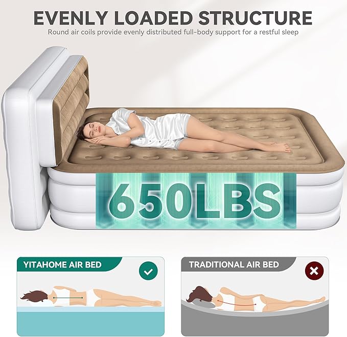 YITAHOME Queen Size Air Mattress with Pump and Banded Headboard, 18in Luxury Flocked Top Blow up Mattress, Durable Inflatable Mattress for Home & Guests, Brown AirBed