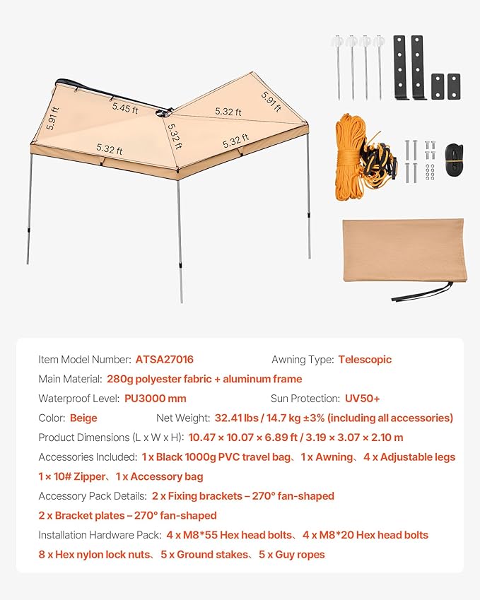 VEVOR 270 Degree Awning, 52 sq.ft Driver Side Vehicle Awning, Waterproof UV50+ Car Side Awnings with Carry Bag, All-Weather Free-Standing Overland Awnings Car Shelter for SUV Van Truck Camping