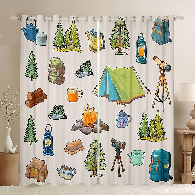Feelyou Camper Theme Curtains for Bedroom Living Room Happy Camping Blackout Darkening Drapes Camper Accessories Window Treatments, 2 Panels 52 x 96 Inch Room Decor
