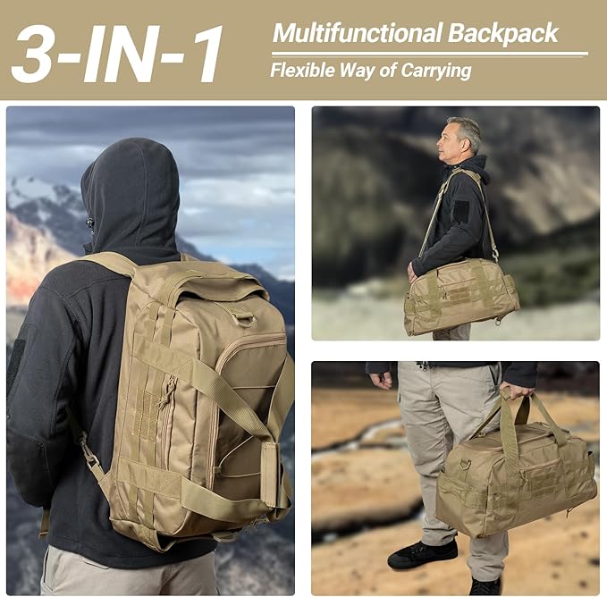 35L Large Duffle Bag, 3-in-1 Tactical Backpack MOLLE Pack for Sports/Gym/Outdoor, Coyote