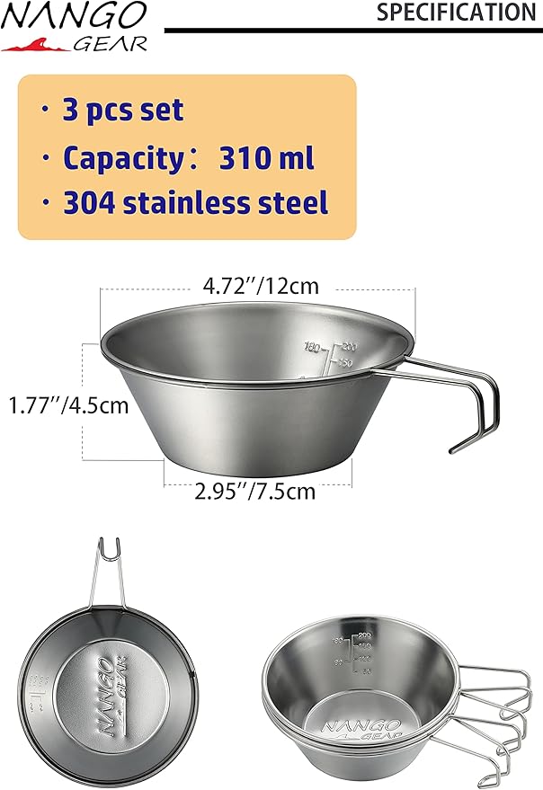 NANGOGEAR 3pcs Set Stainless Steel Camping Sierra Cup 310ml (21111)