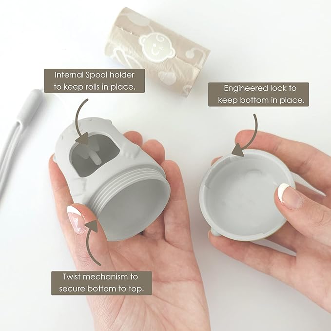 Teddy Bear Diaper Bag Dispenser | Trash Bags on the Go w/Silicone Strap | 15 Unscented Baby Poop Bags per Roll | Disposable Diaper Waste Bags (Cloudy Grey)