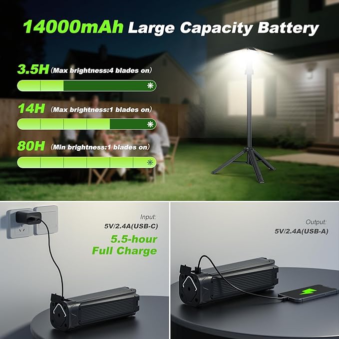 Camping Lights with Remote & Stand 6 Ft,14000 mAh Rechargeable Camping Lantern Tent Light, 6000 Lumen Magnetic Work Light,Portable Outdoor Light for Hiking,Camping,Emergency,Power Outages