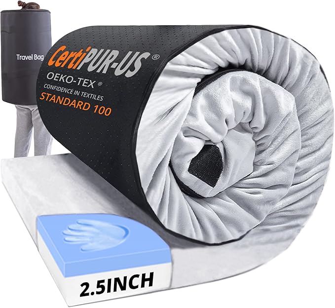 EGOHOME Memory Foam Camping Mattress 2.5 inch, Portable Roll Up Camping Sleep Topper with Waterproof and Non-Slip Bottom, Camping Car Mat with Travel Bag, Grey