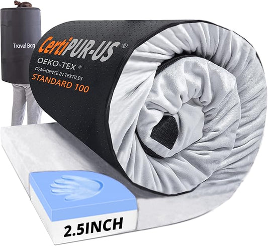 EGOHOME Memory Foam Camping Mattress 2.5 inch, Portable Roll Up Camping Sleep Topper with Waterproof and Non-Slip Bottom, Camping Car Mat with Travel Bag, Grey
