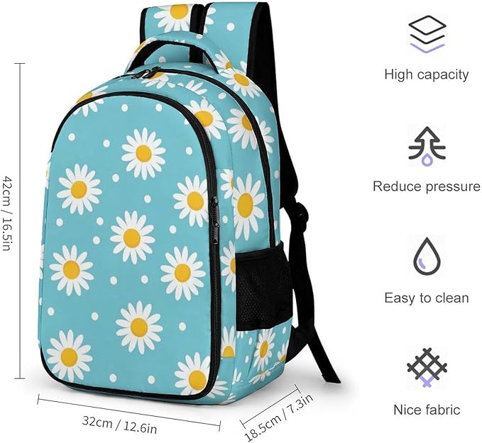 Travel Backpack Purse for Women, Light Blue Floral Daisy Flower Dots Cute Laptop Backpack with Tumbler Holder for Nurse Teacher College Work Casual Daypack