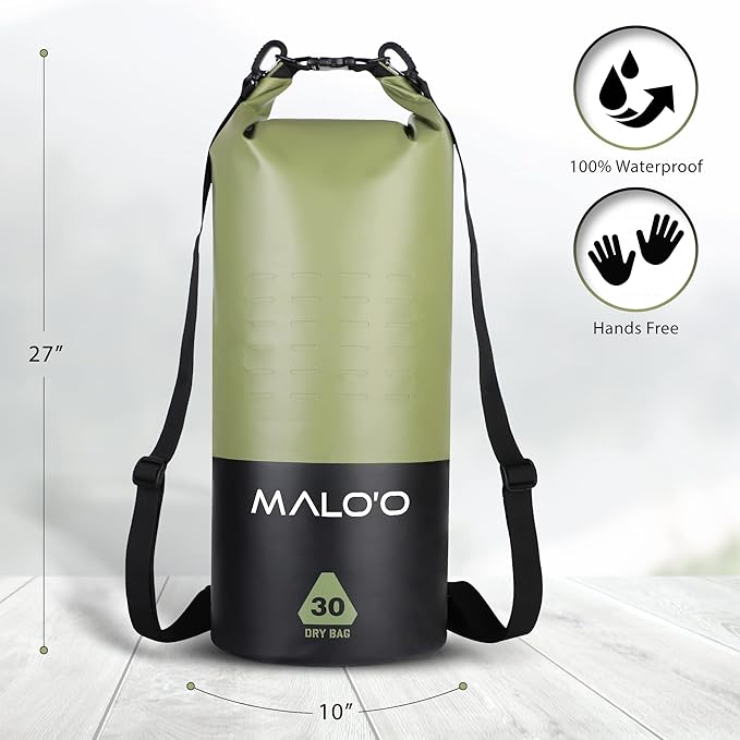 Malo’o DryPack 30L Waterproof Kayak Dry Bag, Heavy Duty Roll-Top Dry Bag with MOLLE Grid and Carry Straps for Fishing, Paddle Boarding, Boating, Camping, and Travel, Green