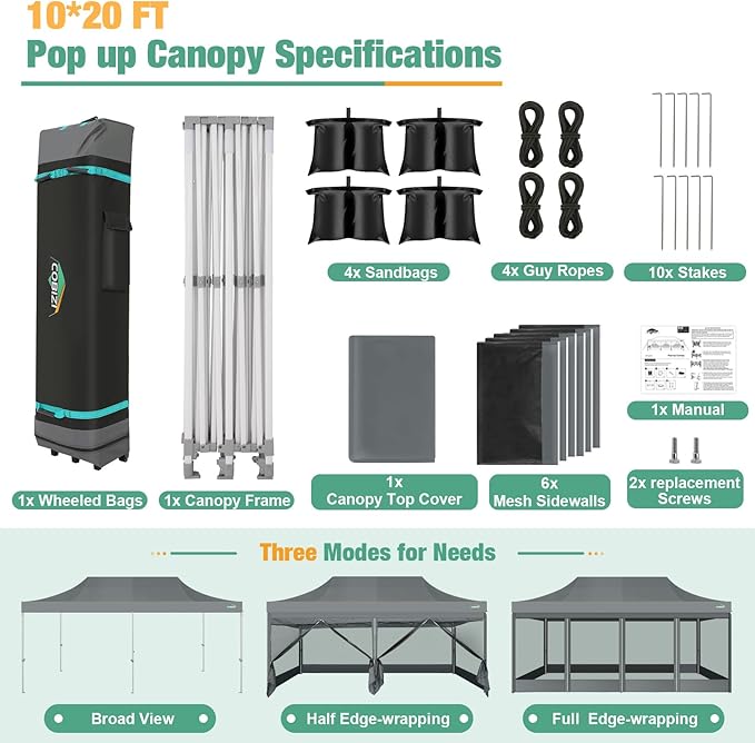 COBIZI 10x20 Canopy Tent, Heavy Duty Pop up Canopy with Sidewalls, Waterproof Easy Setup Canopy with Mosquito Netting, Outdoor Instant Screen Tents for Parties, Wedding with Roller Bag, Gray