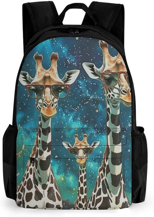 Supdreamc Men Women Polyester Giraffes With Sunglass Space Art Daypack Big Capacity Shoulder Bag With Adjustable Shoulder Straps for Camping Travel Walking Cycling