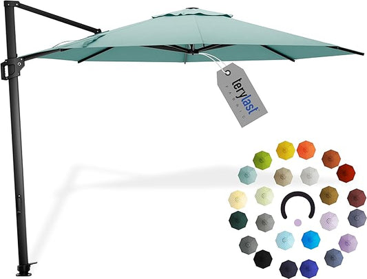 Midtown Umbrellas 10 Ft Outdoor Cantilever Patio Umbrella w/Terylast Seawater Aqua Fabric - Tilt 360° Offset Patio Umbrella, Deck Patio Umbrella, Backyard Umbrella & Garden Umbrella - Black Frame