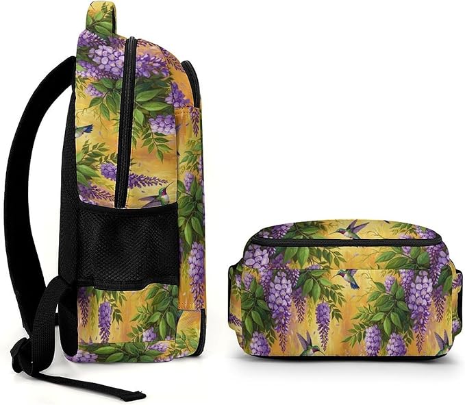 Personalized Business Backpack Purple Flowers And Hummingbird, Large Capacity Laptop Backpack with Organized Compartments for Work