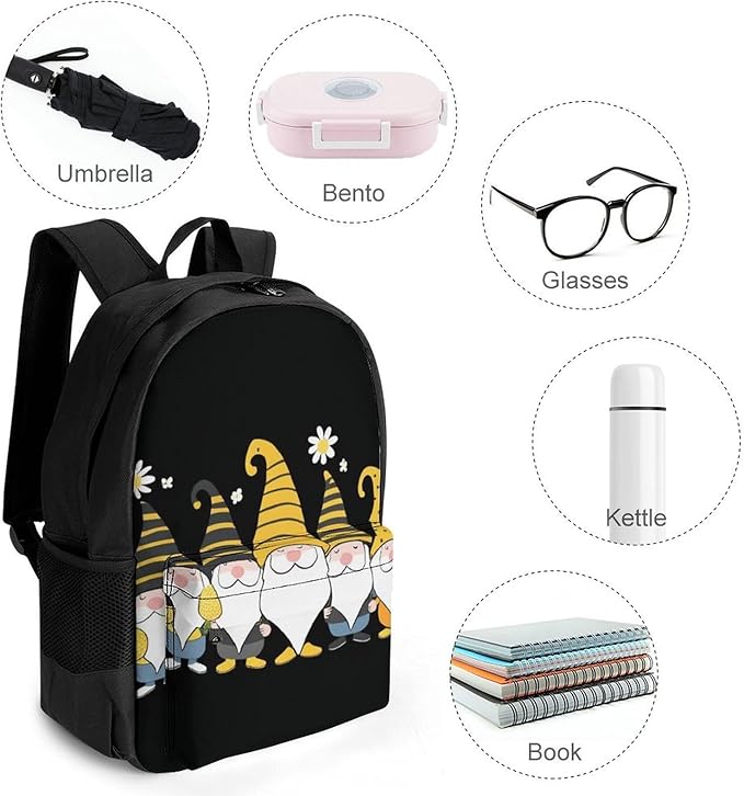 Supdreamc Lightweight Daypack Bookbag for Trekking Business Walking Cycling, Big Capacity Anti-Theft Multipurpose Carry On Bag, Sunflower Bee Cute Cartoon Gnome Black Business Computer Bag