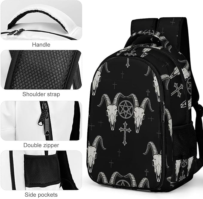 Travel Backpack Purse for Women, Gothic Occult Satan Penta Symbol Skull Cute Laptop Backpack with Tumbler Holder for Nurse Teacher College Work Casual Daypack