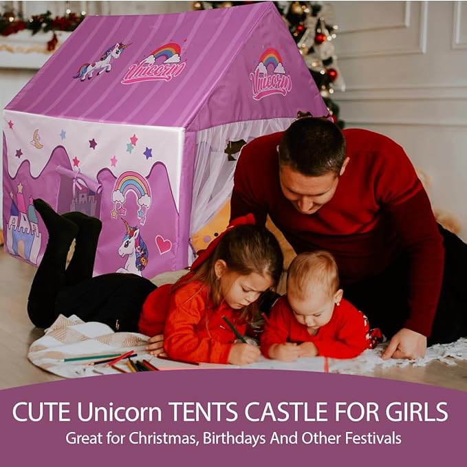 Princess Unicorn Castle Playhouse with Mat – Indoor & Outdoor Large Kids Play Tent for Imaginative Games Girls Toy House Gift Sizes 47×46.8×38.1In