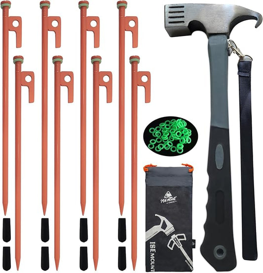 8 PCS Tent Stakes & Hammer Kit， Heavy Duty Metal Tent Pegs for Camping Steel Tent Stakes(Orange)