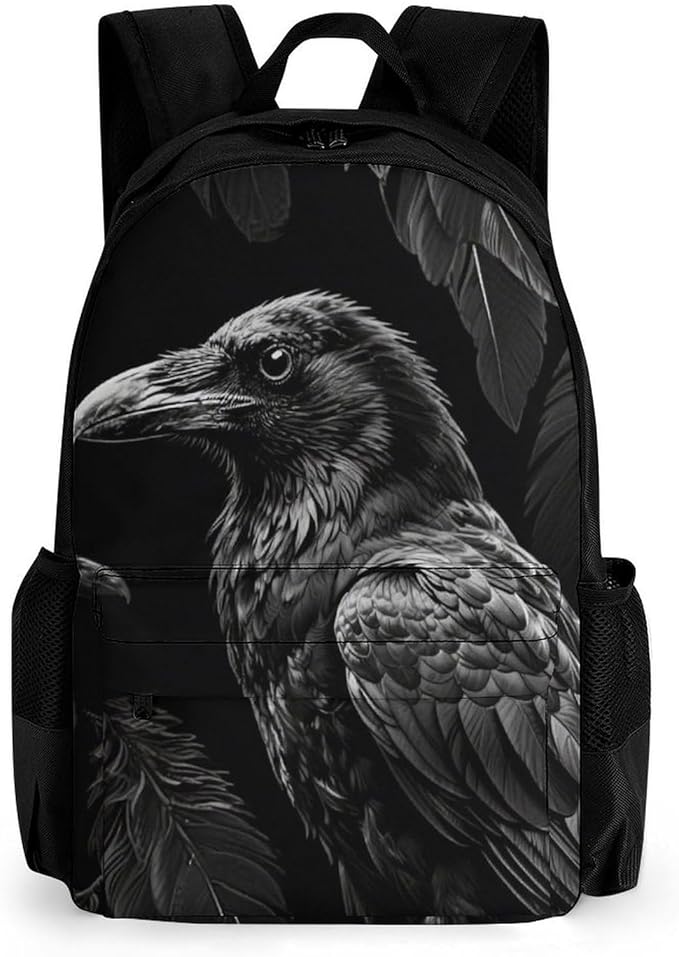 Men Women Polyester Black Crow Raven Bird Art Daypack Big Capacity Shoulder Bag With Adjustable Shoulder Straps for Camping Travel Walking Cycling