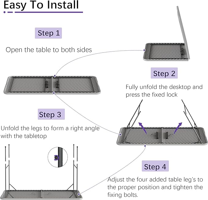 VECELO Folding Table 4 Foot with Mesh Bag, Indoor Outdoor Heavy-Duty Portable w/Handle,Fold-in-Half for Picnic, Party, Camping, Light Grey