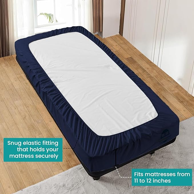 Queen Fitted Sheet 60 x 80 Inches 12" Deep Pocket 100% Egyptian Cotton 600 Thread Count Snug Fit for Trifold Mattress, Narrow Twin, Camp Bunk, Guest Bed, Army Cot Soft & Breathable – Navy Blue