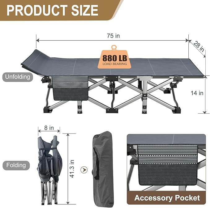 DoCred Oversized Folding Camping Cot with 2” Mattress, Heavy Duty Sleeping Cot for Adults, Portable Adults Outdoor Bed with Carry Bag, Travel Camp Cots