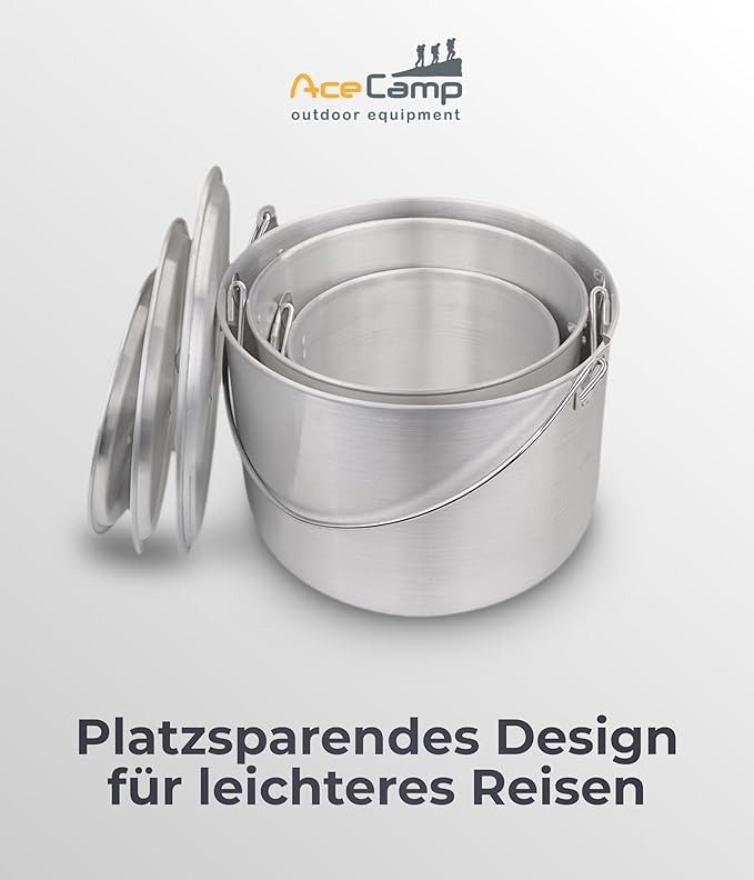 AceCamp Nested Pot Aluminum Lightweight Cooking Pot Set Outdoor Large Stock with lid and folding handle - 4L,8L,12L