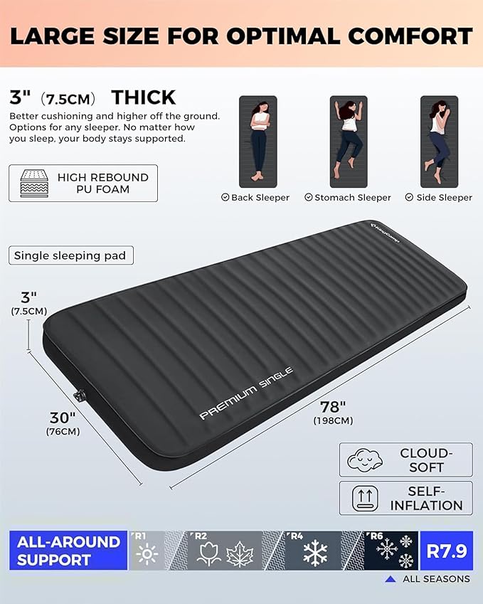 KingCamp Self Inflating Sleeping Pad, R 7.5 Air & Foam Sleeping Pad with Pillow, 3" Thick Single Camping Mattress for Camp Tent Outdoor Car, PVC Free (Black)