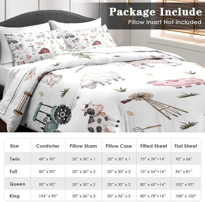 Comforter Set King Size, Farm Animal Cow 7 Pcs Bedding for Kids and Adults, Autumn Cute Tractor Bed Sheet Sets with Fitted Sheet 2 Pillowcases & 2 Shams for Bedroom Bed Decor
