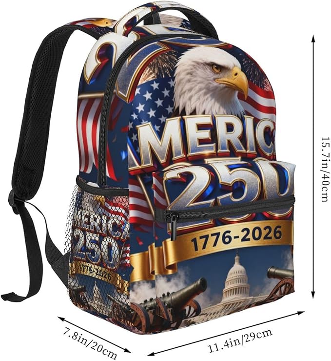 Polyester Daypack for Camping Travel Walking Cycling, Big Capacity Anti-Theft Multipurpose Bookbag, USA 250th Anniversary America Patriotic Art Camping Outdoor Backpack