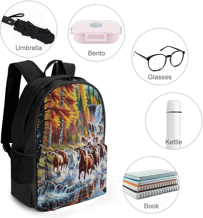 Supdreamc Polyester Daypack for Hiking Work Running, Big Capacity Anti-Theft Multipurpose Shoulder Bag, Beautiful Horses Running In River Waters Travel and Sport Backpack Rucksack