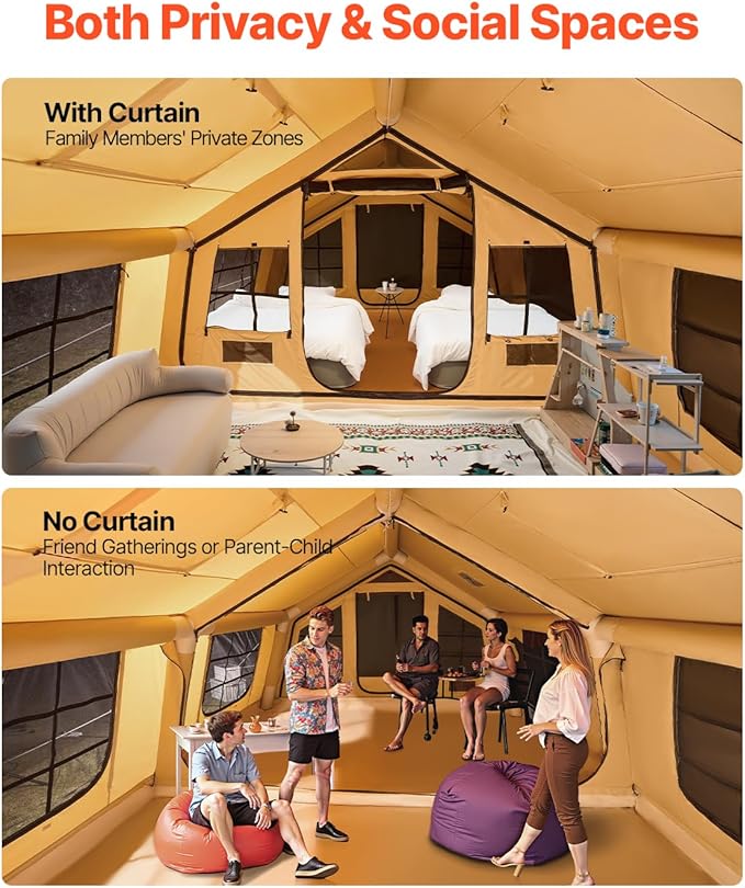 VEVOR Inflatable Tents for Camping, Easy Setup Blow up Tent with Hand Pump, 4 Season Glamping Tent with Stove Jack, Doors & Mesh Windows, Storage Bag Included for Easy Taking