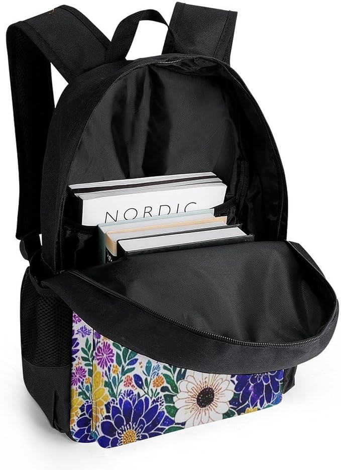 Supdreamc Polyester Daypack Backpack for Trekking Picnic Walking Cycling, Large Capacity Anti-Theft Multipurpose Shoulder Bag, Unicorn Purple Flower Casual Daypack