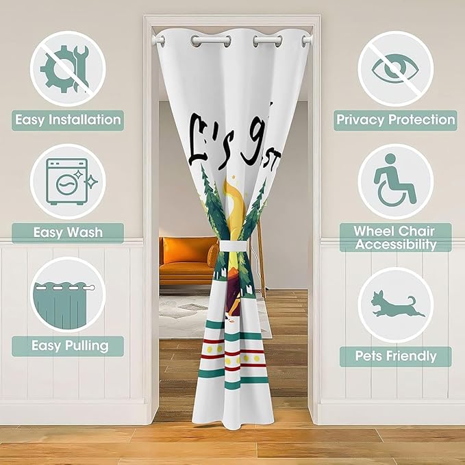 Happy Camping RV Kids Door Curtain,Bonfire Campfire Pine Tree Natural Blackout Curtain,Camper Trailer Rustic Farmhouse Bedroom Doorway Living Room Decor,Green Privacy Door Drape 1 Panel,34" W X 80" L