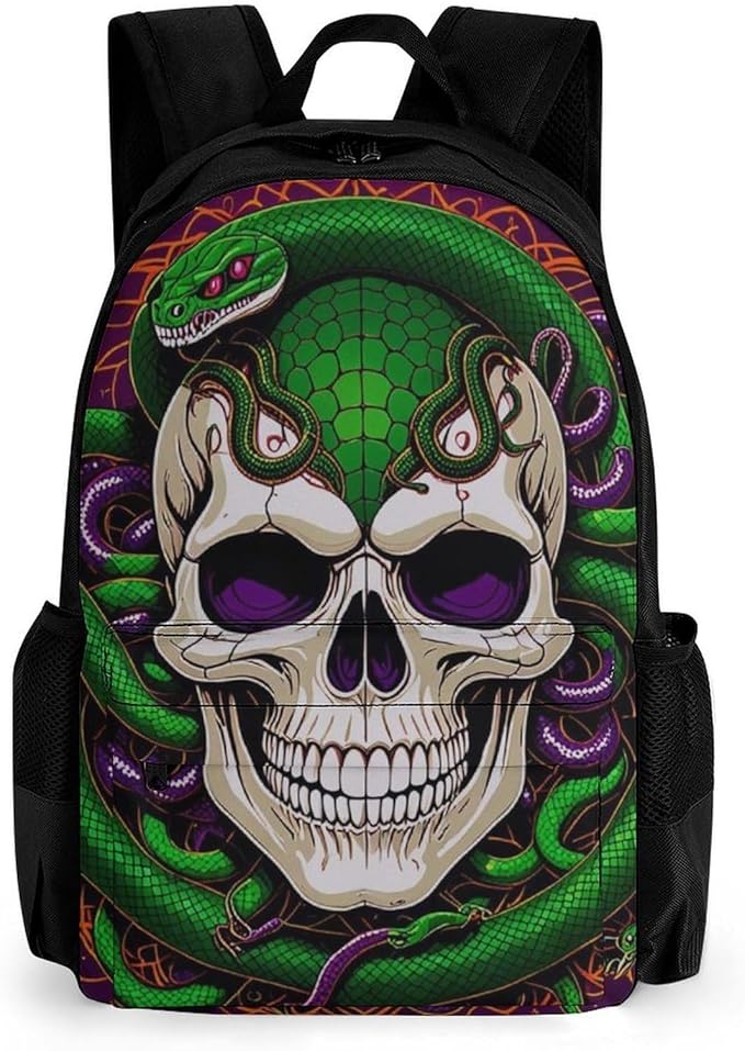 Backpack Polyester Anti-Theft Multipurpose Medusa Skull Green Snake Art Bookbag Large Capacity Laptop Book Bag Rucksack With Side Pockets