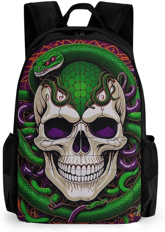Backpack Polyester Anti-Theft Multipurpose Medusa Skull Green Snake Art Bookbag Large Capacity Laptop Book Bag Rucksack With Side Pockets