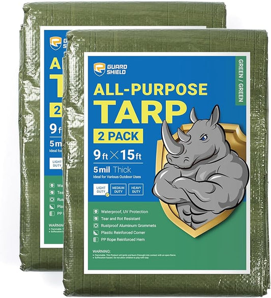 GUARD SHIELD Tarp Green 9x15 Feet Multi Purpose Waterproof Poly Tarp Cover 5mil (2-Pack)