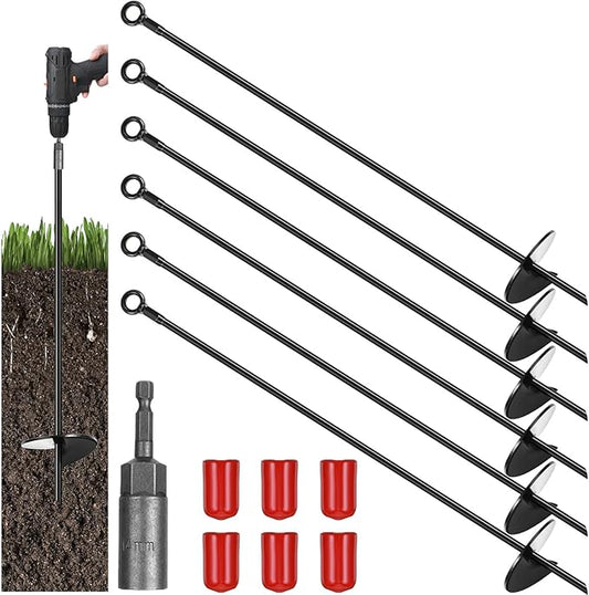 Gisafai 6 Pcs 30 Inch Long Ground Anchors Spiral Blade Earth Shed Anchor Kit Heavy Duty Tent Trampoline Hook 12 mm Thick Metal Swing Set Wind Stake for Mobile Home Canopies (Black)