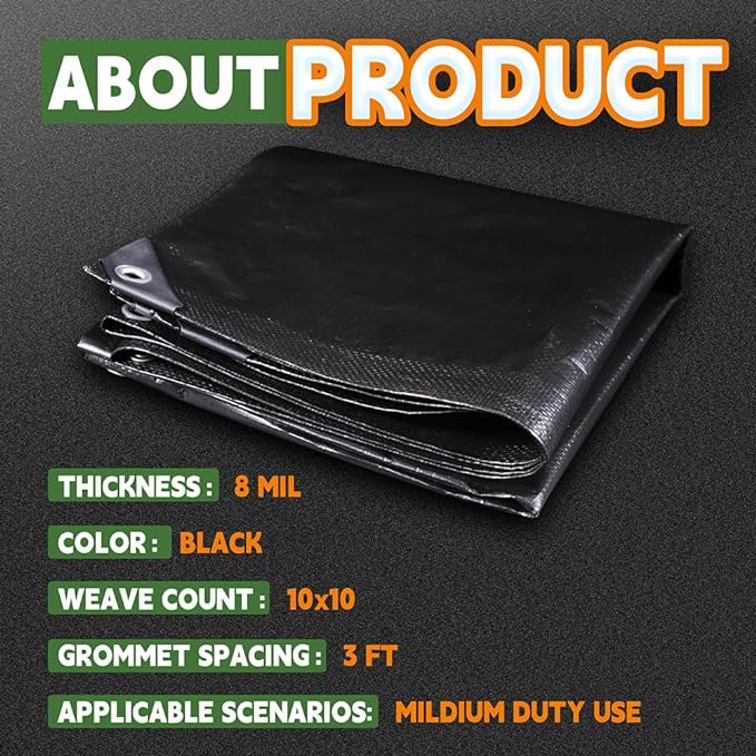 Small Black Tarps 4x4 Feet (2 Pack), UV Resistant, 8 Mil Multipurpose Medium Duty Waterproof Poly Tarp Cover with Metal Grommets and Reinforced Edges by RAINDEWAY