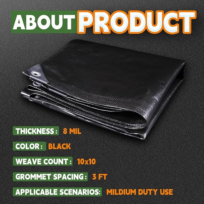 RAINDEWAY Black Tarp 10x12 Feet, UV Resistant, 8 Mil Multipurpose Medium Duty Waterproof Poly Tarp Cover with Metal Grommets and Reinforced Edges