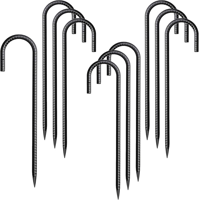Rebar Stakes 12 Inch 10 Pack Tent Spikes Heavy Duty Metal J Hook, Fence Stakes for Trampoline, Fence, Camping Tent (10, J-12 x5/16 Black)