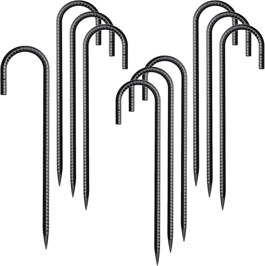 Rebar Stakes 12 Inch 10 Pack Tent Spikes Heavy Duty Metal J Hook, Fence Stakes for Trampoline, Fence, Camping Tent (10, J-12 x5/16 Black)