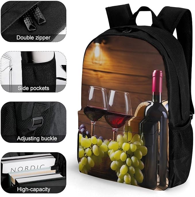 Adults Lightweight White Red Wine Glasses Grapes Wooden Shoulder Book Bags Big Capacity Shoulder Bag With Adjustable Shoulder Straps for Trekking Work Walking Cycling