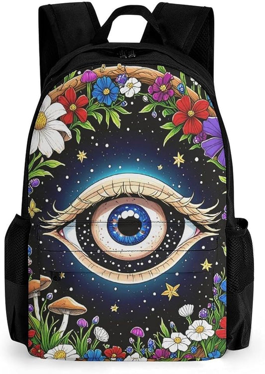 Supdreamc Shoulder Book Bags Anti-Theft Multipurpose Big Capacity Bookbag, Psychedelic Flower Eye Mushroom Trippy Art Travel Hiking Backpack With Smooth Zippers