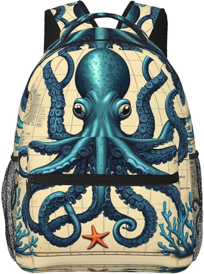 Backpack Multipurpose Anti-Theft Large Capacity Bookbag, Retro Octopus Art Travel Hiking Daypack With Side Pockets